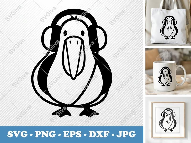 Pelican with Headphones SVG | Modern Bird Cut File | PNG EPS DXF for Cricut, Silhouette, Vector Clipart