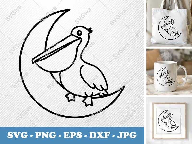 Pelican with Moon SVG, Modern Bird Clipart, Line Art Design | PNG EPS DXF for Cricut, Silhouette, Vector Cut File