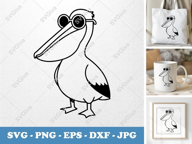 Pelican with Sunglasses SVG | Modern Bird Clipart, Beach Vacation PNG, EPS, DXF for Cricut & Silhouette, Coastal Animal Cut File