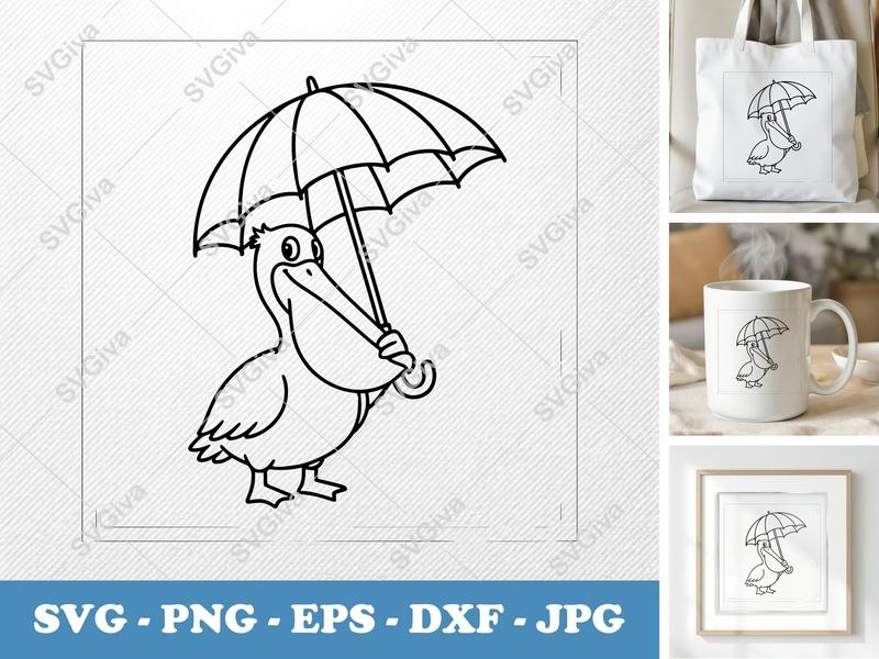 Pelican with Umbrella SVG | Cartoon Bird Clip Art, Umbrella Cut File | PNG, EPS, DXF for Cricut, Silhouette