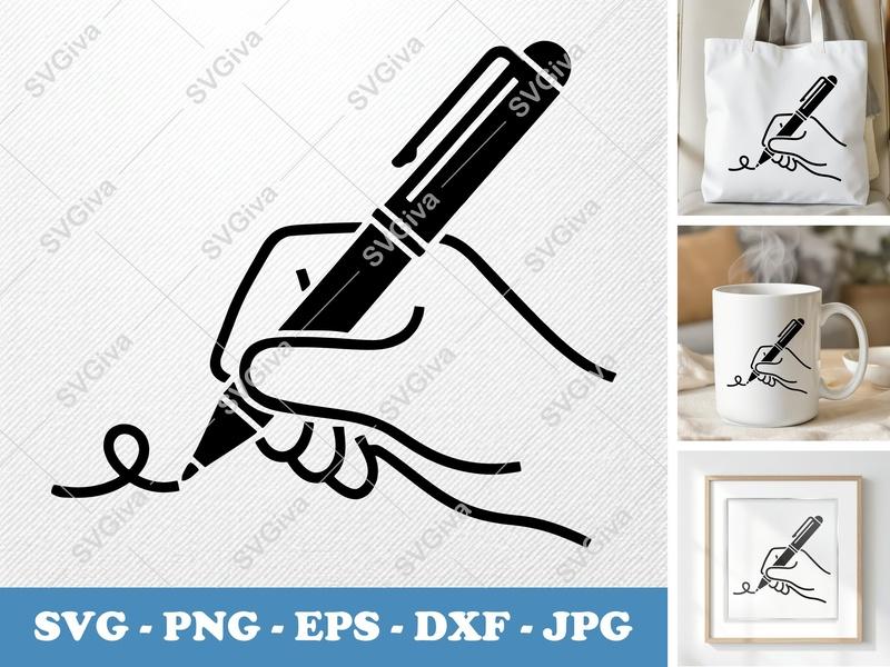 Pen in active use SVG, Hand Writing Clip Art, Solid Black Icon PNG, EPS, DXF for Cricut & Silhouette, Signature Vector