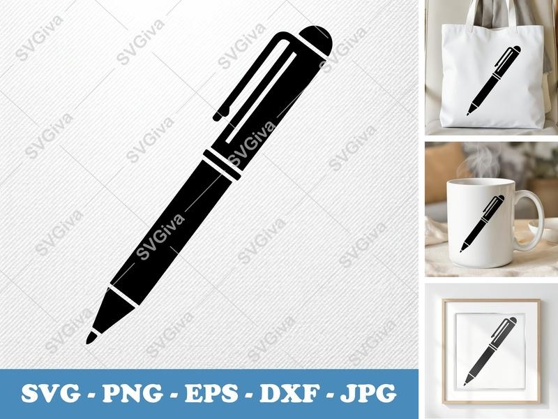 Pen isometric angle SVG, black fill, white contour, crisp edges | PNG EPS DXF | Cricut Silhouette Cut File
