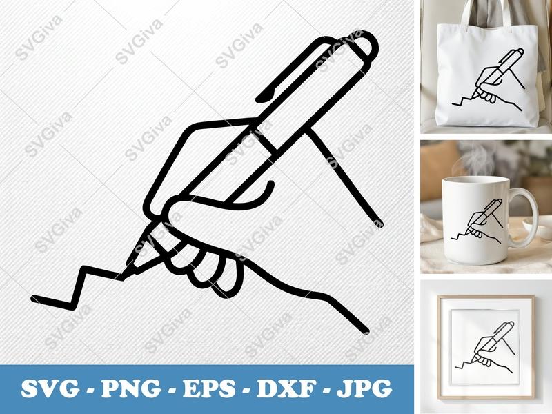 Pen SVG, Writing Hand Modern Line Art PNG EPS DXF | Cricut Silhouette Cut File, Stationery Clipart Vector