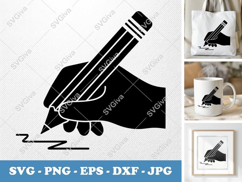 Pencil in active use SVG | Hand Writing Icon | Black Solid Fill with White Contour | PNG EPS DXF for Cricut Silhouette