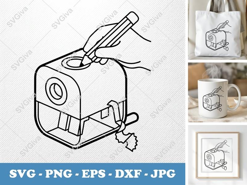 Pencil Sharpener SVG | Modern Desk Tool with Hand & Pencil | PNG EPS DXF for Cricut, Silhouette, School Supplies