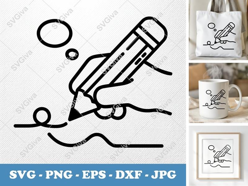 Pencil SVG, Hand Holding Pencil Writing, Modern Stationery Clipart, PNG EPS DXF for Cricut Silhouette, Planner Icon