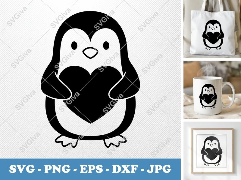 Penguin Holding Heart SVG | Friendly Bean-Shaped Cut File | PNG DXF EPS for Cricut Silhouette