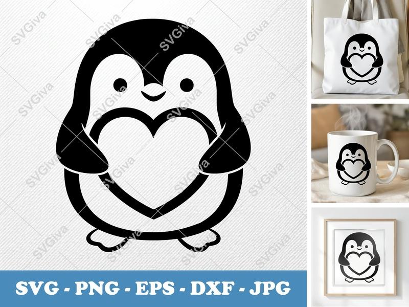 Penguin Holding Heart SVG | Puffy Shapes Cut File | Inflated Design PNG DXF EPS | Cricut Silhouette File