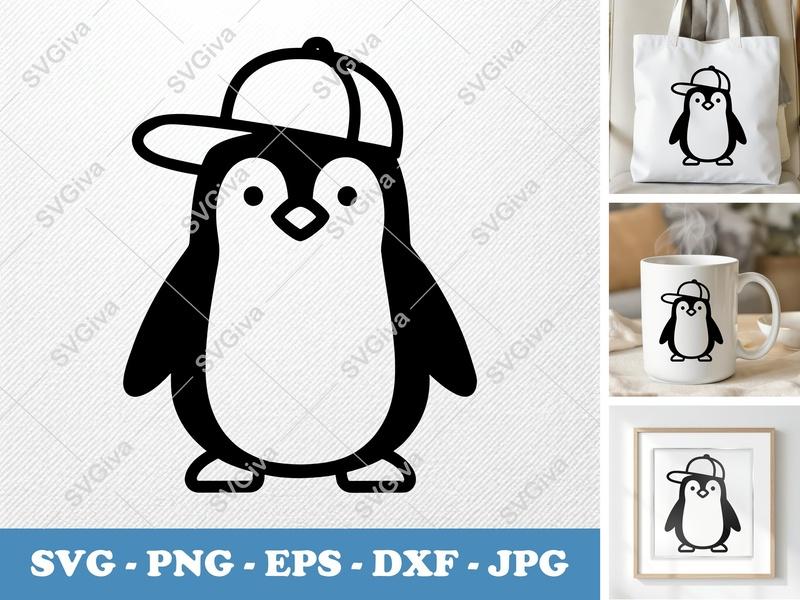 Penguin in a Cap SVG | Outline Art, Minimalist Design | SVG PNG DXF EPS | Cricut Silhouette File