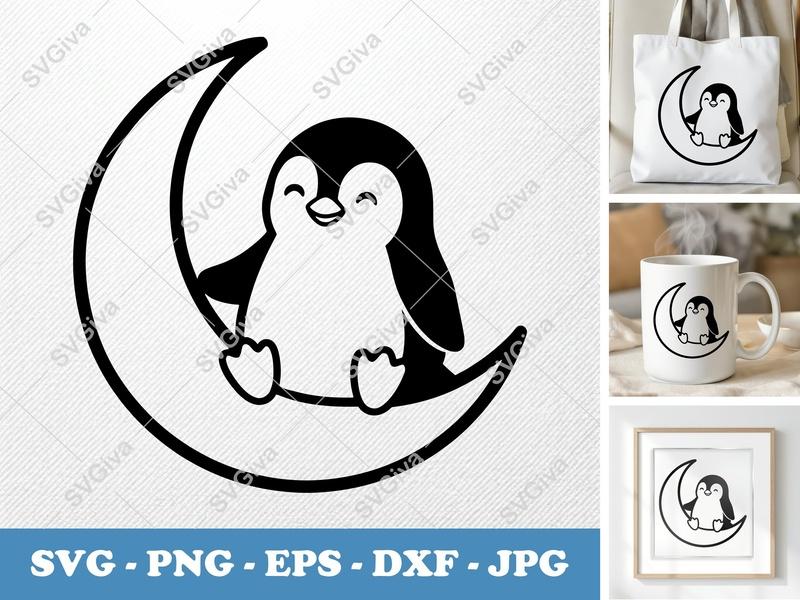 Penguin on Moon SVG | Minimalist Nursery Cut File | Bold Outline Design | PNG DXF EPS for Cricut Silhouette