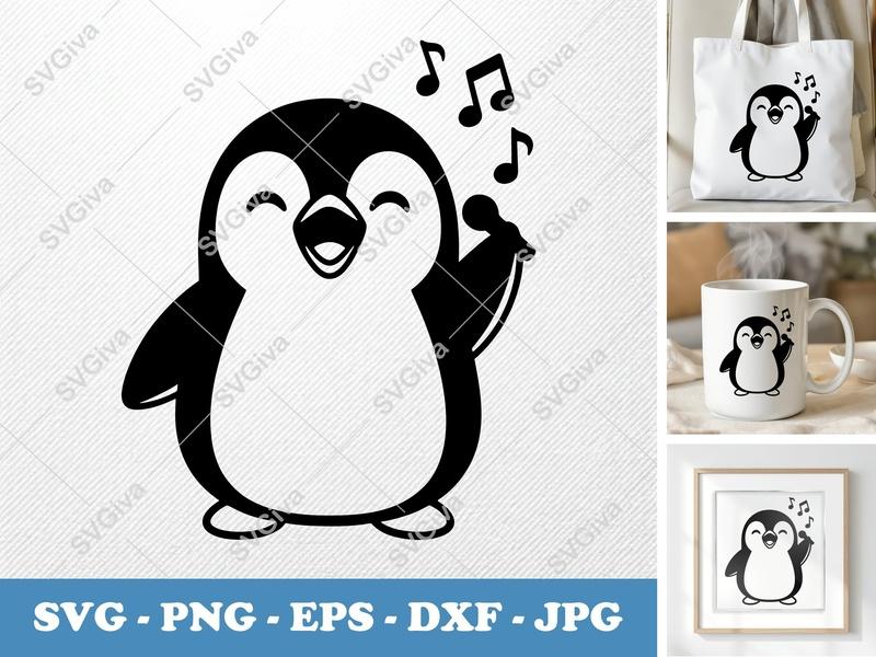Penguin Singing SVG | Cute Animal Music PNG EPS DXF | Happy Penguin Cut File for Cricut Silhouette Vinyl Decal