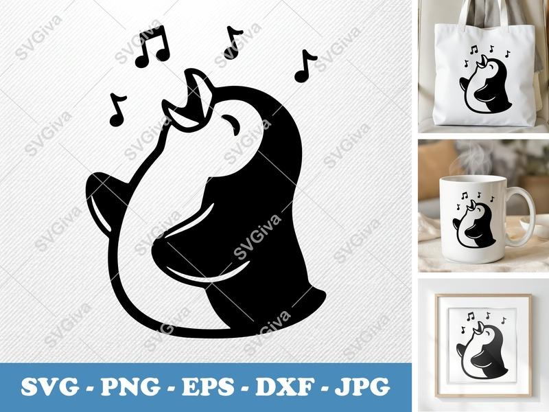 Penguin Singing SVG | Musical Bird PNG EPS DXF | Happy Animal Cut File for Cricut, Silhouette | Modern Design
