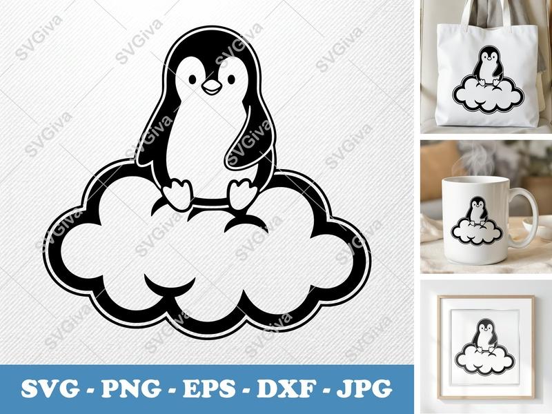 Penguin Sitting on a Cloud SVG | Double-Outline Minimalist Design | Basic Shapes Cut File for Cricut, Silhouette | PNG, DXF, EPS
