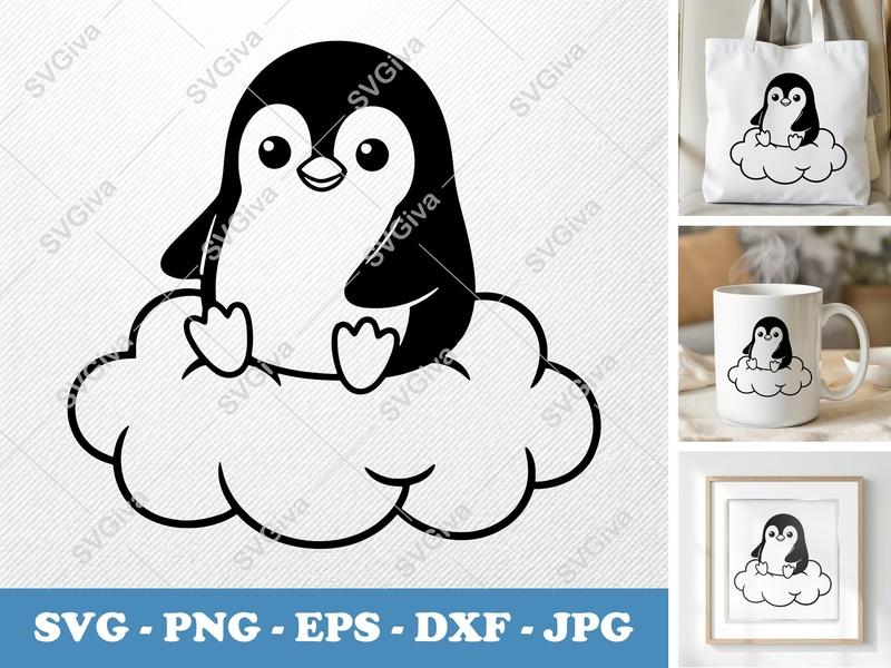 Penguin Sitting on a Cloud SVG PNG DXF EPS | Cricut Silhouette Cut File Vector Art