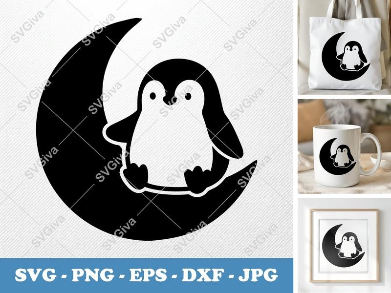 Penguin Sitting on a Moon SVG PNG DXF EPS | Cricut Silhouette Cut File Vector Art