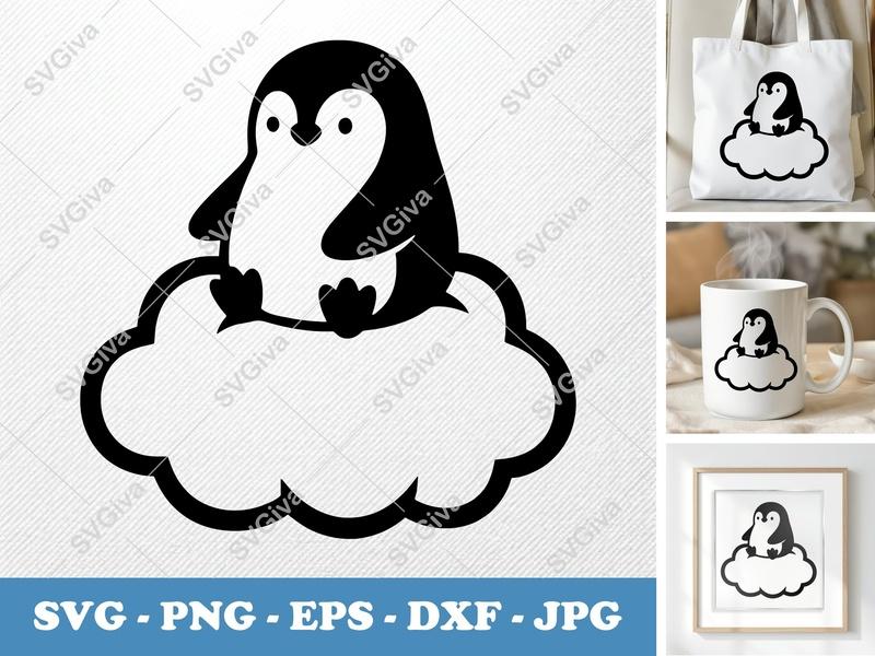 Penguin Sitting on Cloud SVG PNG DXF EPS | Cricut Silhouette Cut File Vector Art