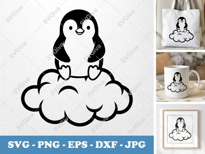 Penguin Sitting on Cloud SVG | Simple Character Outline | PNG DXF EPS | Cricut Silhouette Cut File