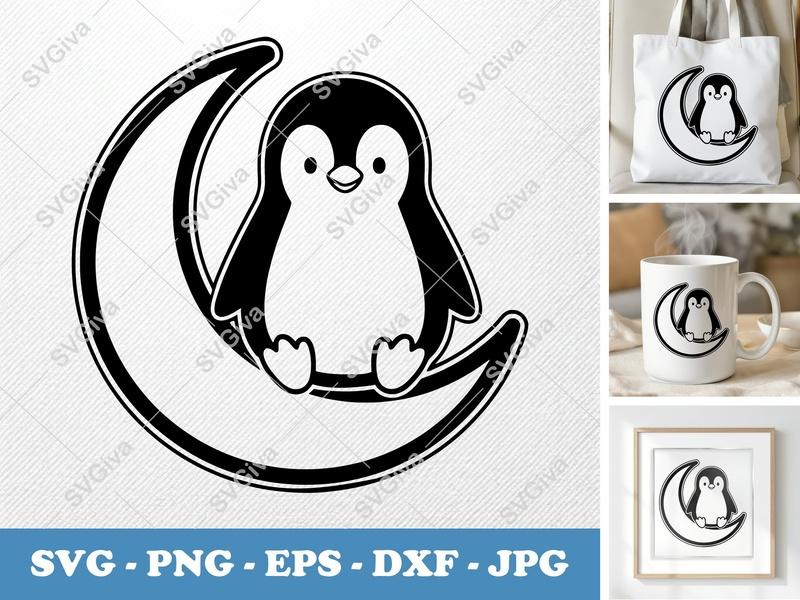 Penguin Sitting on Moon SVG | Double-Outline Minimalist Design | Thick Contour, Thin Lines | SVG, PNG, DXF, EPS for Cricut & Silhouette