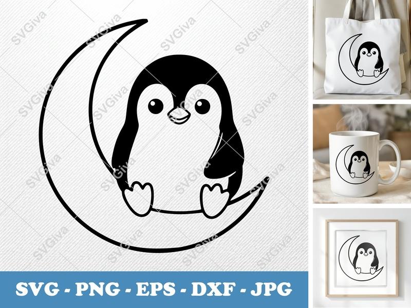 Penguin Sitting on Moon SVG PNG DXF EPS | Cute Animal Cut File | Cricut Silhouette Vector