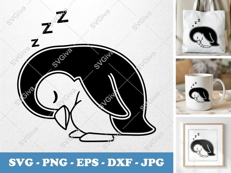 Penguin Sleeping SVG, Cute Napping Penguin PNG EPS DXF | Cricut Silhouette Cut File, Modern Animal Clipart, Baby Nursery Design