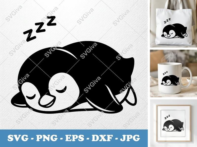 Penguin Sleeping SVG | Zzz Nap Cut File | Modern Clean Design PNG EPS DXF for Cricut & Silhouette Machines
