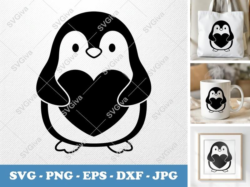Penguin SVG | Cute Love Heart Design, Animal Cut File | PNG, EPS, DXF for Cricut, Silhouette