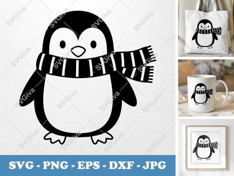 Penguin SVG | Cute Penguin Scarf Cut File | Modern Winter Animal PNG EPS DXF | Cricut Silhouette Design