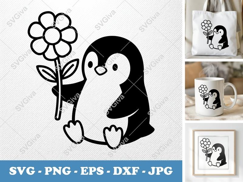 Penguin SVG | Cute Penguin with Flower | Modern Clean Line Art | PNG EPS DXF for Cricut & Silhouette Cut File