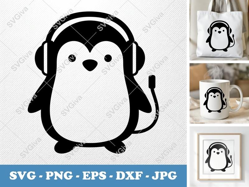 Penguin SVG | Cute Penguin with Headset PNG EPS DXF | Gamer DJ Animal Cut File for Cricut Silhouette