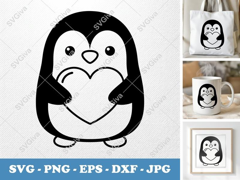 Penguin SVG, Cute Penguin with Heart Cut File | PNG EPS DXF for Cricut & Silhouette, Love Animal Clipart