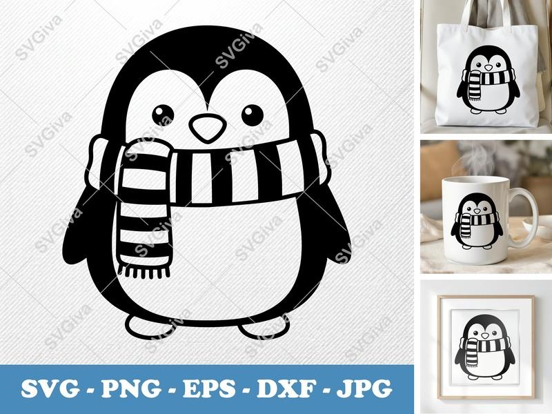Penguin SVG | Cute Penguin with Scarf | Modern Winter Animal Clipart PNG EPS DXF for Cricut & Silhouette