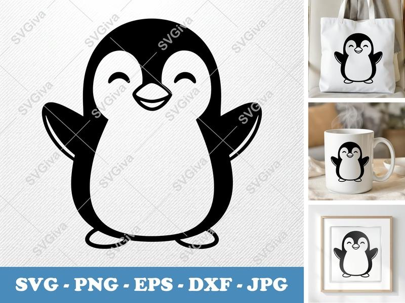 Penguin SVG | Cute Smiling Cartoon Penguin | PNG EPS DXF | Cricut Silhouette Cut File