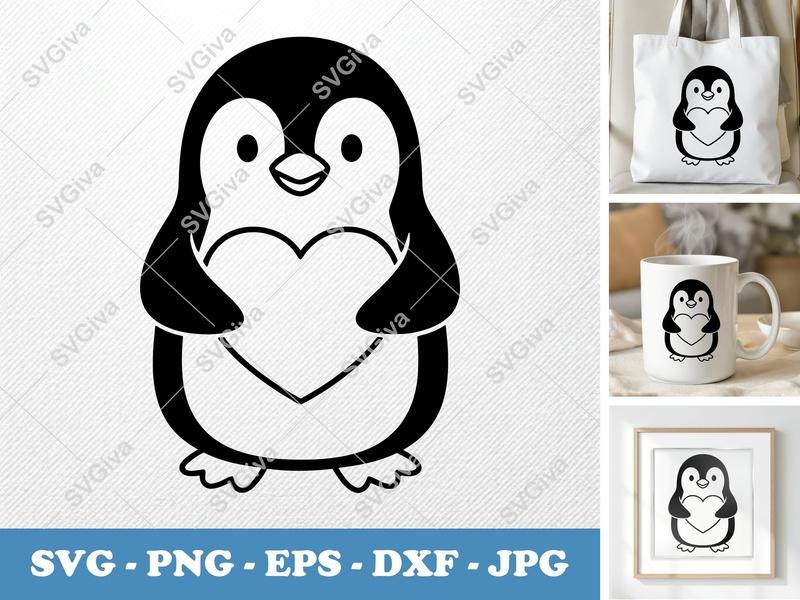Penguin SVG, Modern Clean Heart Design | PNG EPS DXF | Cricut Silhouette Cut File, Winter Animal Clipart