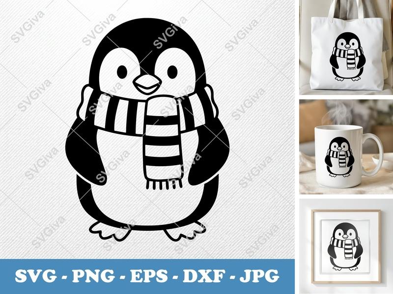 Penguin SVG, Modern Clean Scarf Design, PNG EPS DXF for Cricut & Silhouette, Winter Animal Clip Art