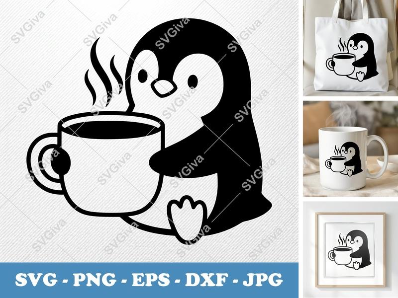 Penguin SVG with Coffee Mug | Hot Drink Cut File PNG EPS DXF | Cute Cartoon Cricut Silhouette