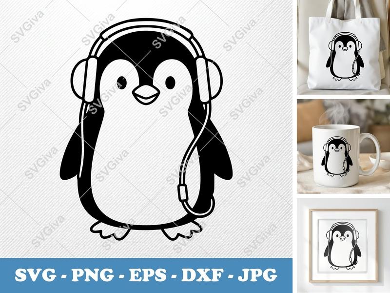 Penguin SVG with Headphones | Music Lover Cut File | Modern Animal Design for Cricut & Silhouette | PNG EPS DXF