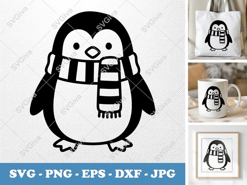 Penguin wearing a Scarf SVG | Friendly Bean-Shaped Cut File | PNG DXF EPS for Cricut Silhouette
