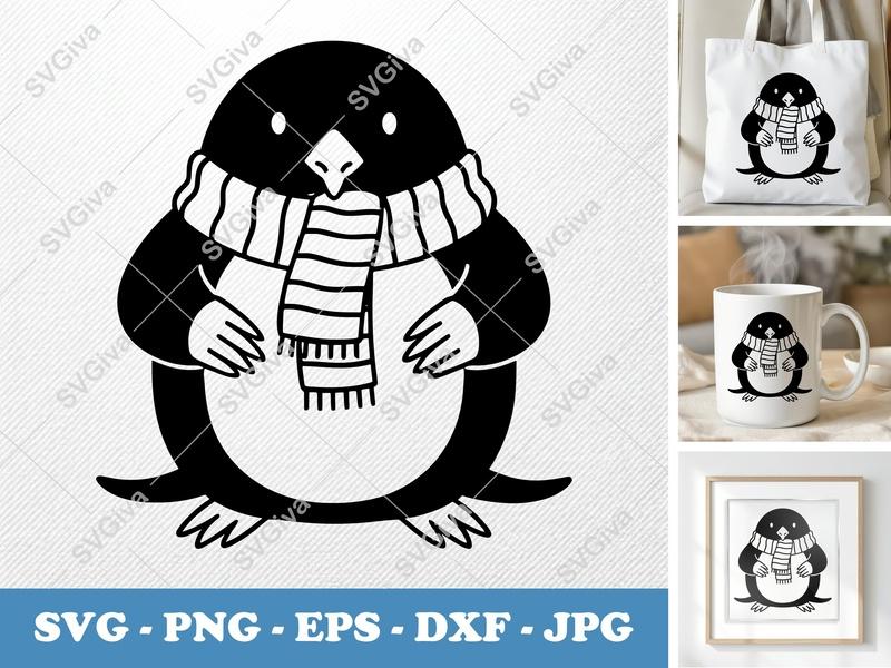 Penguin Wearing a Scarf SVG PNG DXF EPS | Winter Animal Cut File for Cricut Silhouette