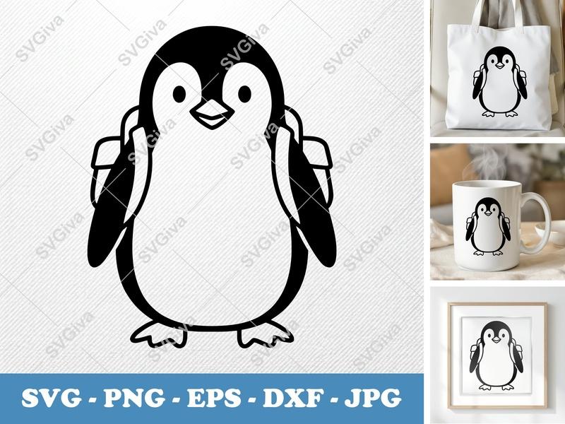 Penguin Wearing Backpack SVG | Clean Minimalist Cut File | PNG DXF EPS | Cricut Silhouette Design