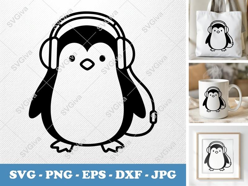 Penguin Wearing Headphones SVG | Friendly Bean-Shaped Cut File | PNG DXF EPS for Cricut Silhouette