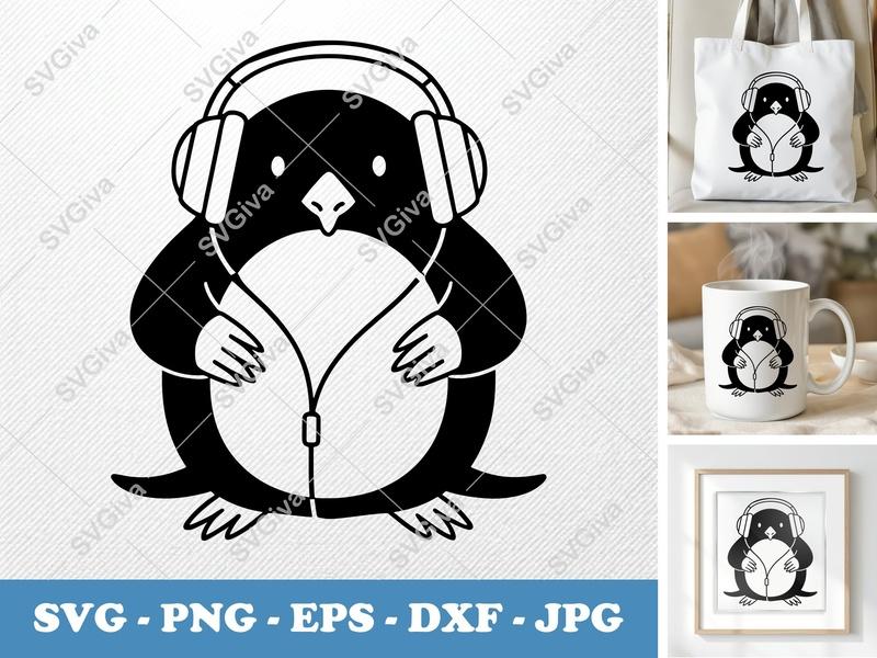 Penguin Wearing Headphones SVG | Music Animal Cut File PNG DXF EPS Cricut Silhouette