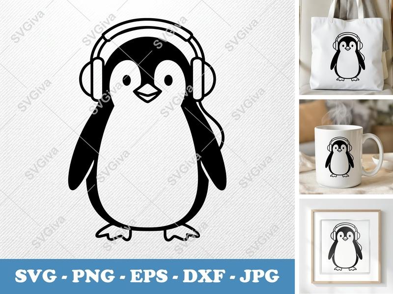 Penguin Wearing Headphones SVG | Simple Character Cut File | Bold Contour, Clean Fill | PNG DXF EPS | Cricut Silhouette Ready