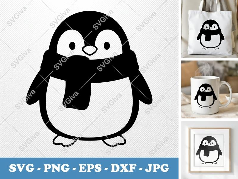 Penguin Wearing Scarf SVG | Puffy Soft Shapes | Inflated Pillow Art | PNG DXF EPS | Cricut Silhouette File