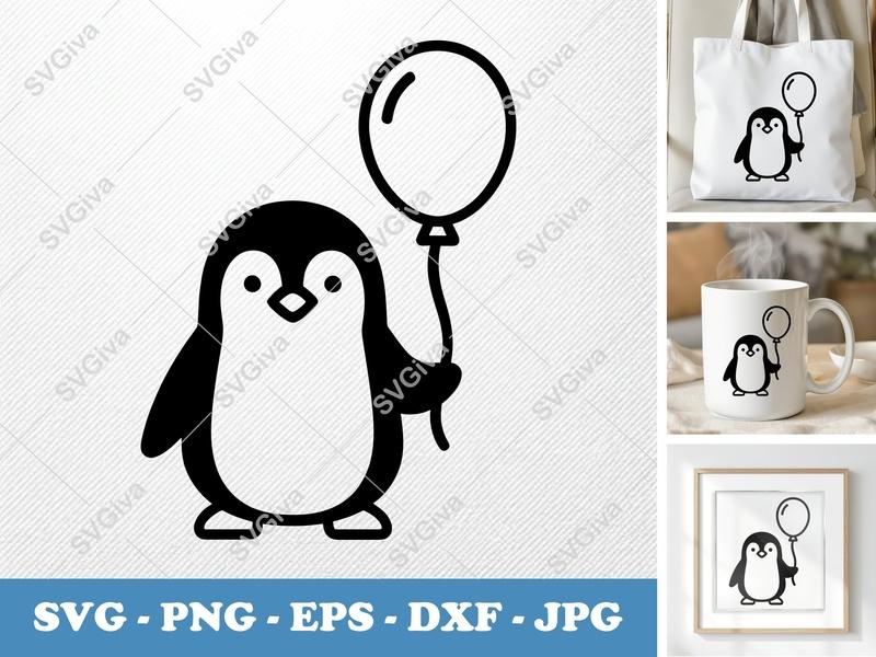 Penguin with Balloon SVG | Double-Outline Minimalist Cut File | Thick Contour, Thin Lines | PNG DXF EPS for Cricut Silhouette