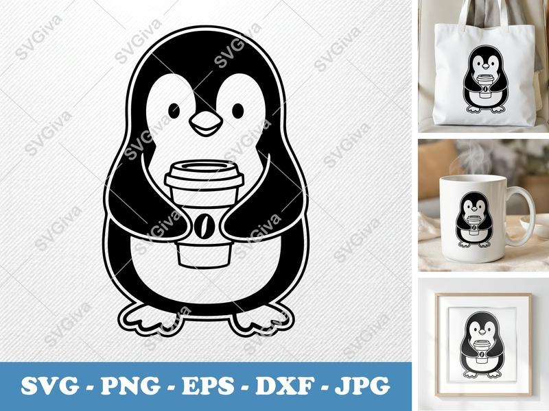 Penguin with coffee cup SVG | Double-Outline Simple Shapes | PNG DXF EPS | Cricut Silhouette Cut File