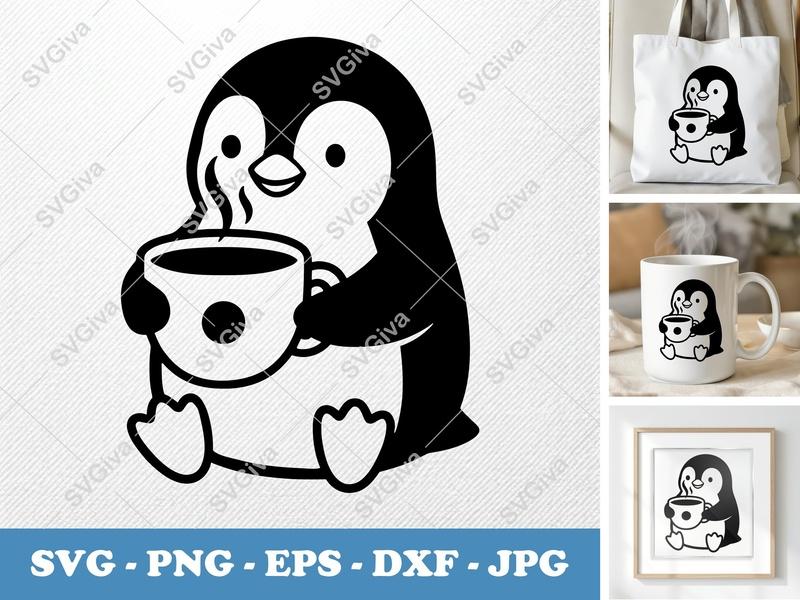 Penguin with Coffee Cup SVG | Minimalist Bold Contour | PNG DXF EPS | Cricut Silhouette Cut File