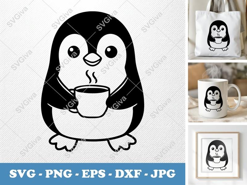 Penguin with Coffee Cup SVG PNG DXF EPS | Coffee Lover Cut File for Cricut Silhouette