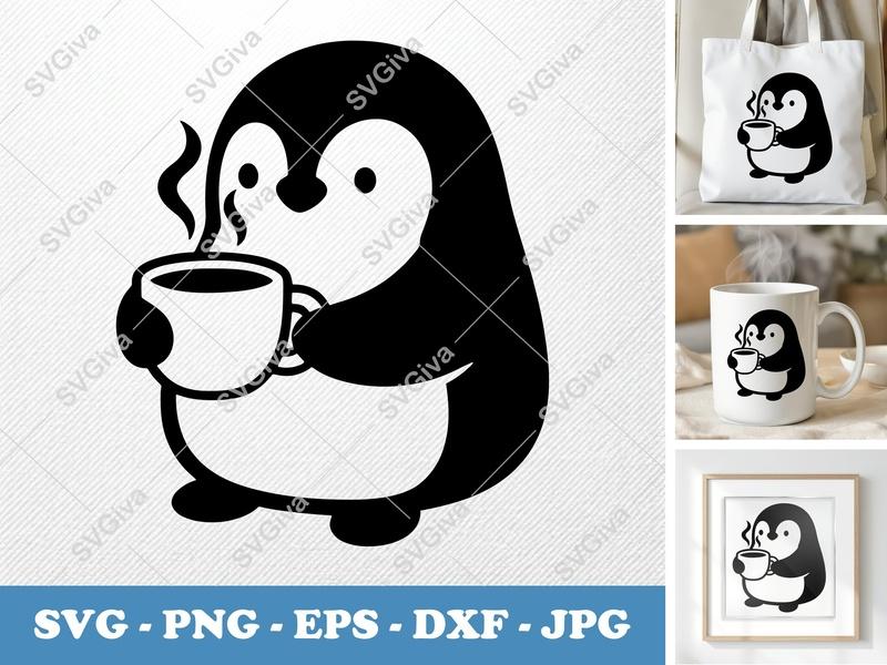 Penguin with Coffee Cup SVG PNG DXF EPS | Drink Cut File Cricut Silhouette Vector