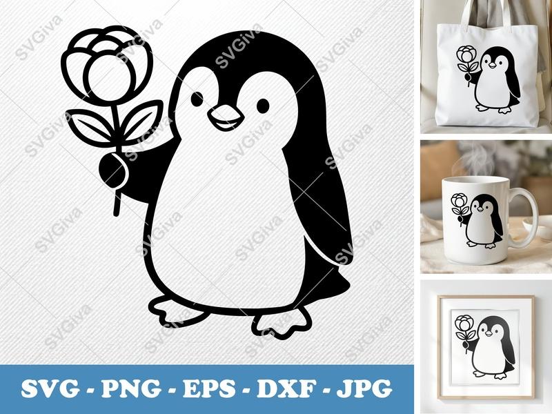 Penguin with Flower SVG, Bold Contour minimalist design | PNG DXF EPS | Cricut Silhouette Cut File