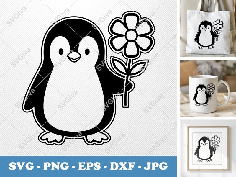 Penguin with Flower SVG | Double Outline, Minimalist Design | PNG DXF EPS | Cricut Silhouette Cut File